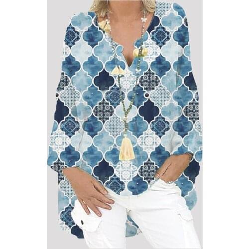 Clothes Casual Women Blouse Fashion Casual Long Sleeve Print Elegant V-neck Shirt Blouse Top Long Sleeve Loose Blusa Pullover