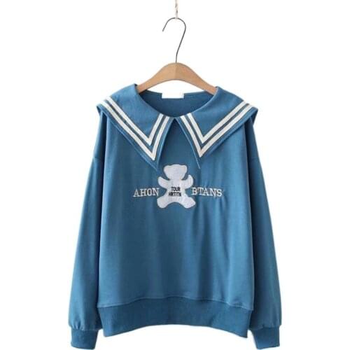 Japan Style Loose Bear Embroidery Women Sailor Collar Tops 2021 Summer Girl Long Sleeve Sweatshirts Femme Harajuku Pullovers