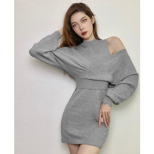 Elegant Knit 2 Piece Set Women Sexy Off Shoulder Slim Waist Sweater And Mini Bodycon Dresses 2021 Korean Fashion Outfits AA5856