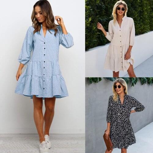 2021 Summer Fashion Printed Plaid V-neck Three-quarter Sleeve Womens Dress