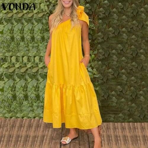 Women One Shoulder Party Dress 2021 VONDA Elegant Bow Ruffled Party Maxi Long Dresses Beach Summer Sundress Casual Vestido