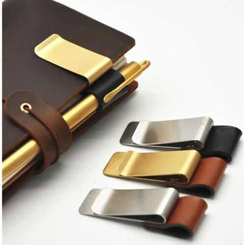 1Pc Metal Leather Pen Holder Brass Stainless Steel Pencil Clip Vintage Dairy Notebook Pen Holder Spiral Loose Leaf Memo Clip