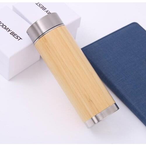 16oz Bamboo Tumbler Stainless Steel Water Bottle Vacuum Insulated Coffee Travel Mug with Tea Strainer LX6727