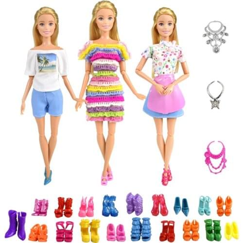 9 Item/Set Doll Supplies =3 Pcs Dress Clothes + 3 Plastic Necklace + Random 3 Pairs Shoes for Doll Accessories Girl Toys Gift