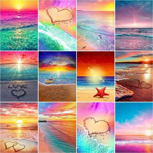 HUACAN Diamond Embroidery Seaside Cross Stitch Full Drill Square Diamond Painting Landscape Sunset Mosaic Beach Decor For Home