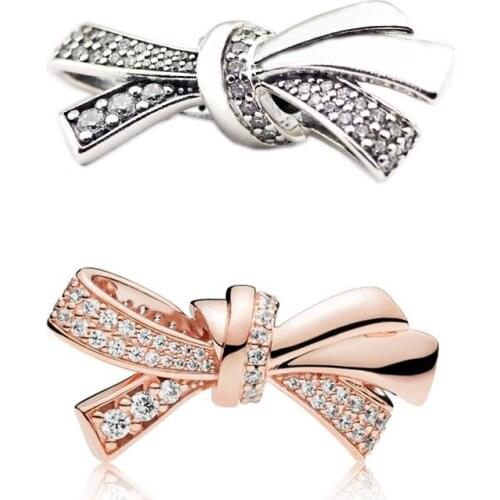 2 Colors Clear CZ Bow Design Charm Beads for Jewelry Making Crystal Silver 925 Jewelry Pave Stone DIY Beads for Charms Bracelets