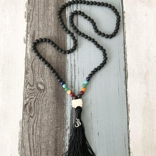Black Tassel 108 Mala Beads Lava Rock Necklace Healing Meditation Yoga Necklaces Elephant Charm Chakra Beaded Necklace Gift