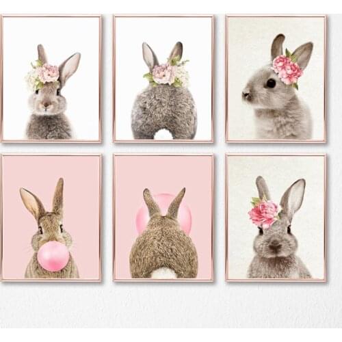 Girls Bedroom Decor Bunny Rabbit Nursery Wall Art Canvas Poster and Print Watercolor Flowers Animal Painting Pink Roses Picture