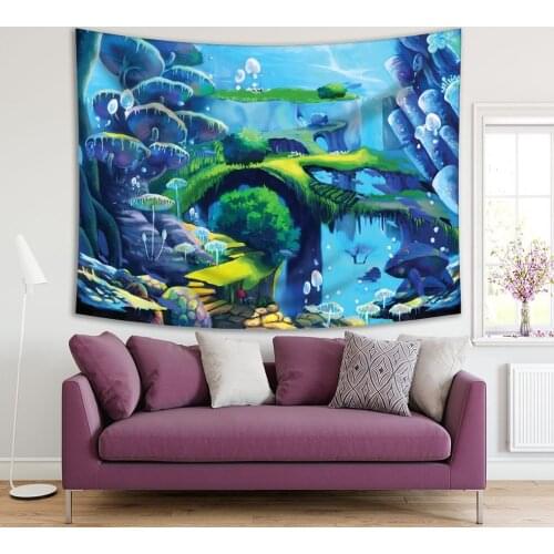 Tapestry Underwater World Waterfall Under Sea Flying Fish Bridge Stone Stairs Cartoon Scene Blue Green