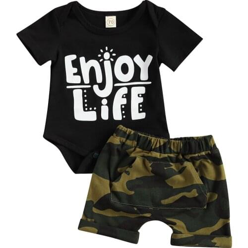 Two Piece Newborn Baby Boys Girls Casual Outfits Letter Print Short Sleeve Round Neck Romper Camouflage Shorts Sets 0-18M
