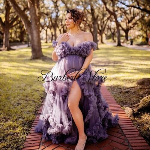 Pretty Purple Fluffy Tulle Long Robe Maternity Dress Open Front Sexy V Neck Mesh Pregnancy Gowns To Photography Baby Shower Gown
