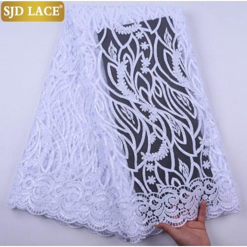 SJD LACE Pure White French Lace Fabric Embroiderey Sequins African Lace Fabric Tulle Milk Silk Lace For Wedding Party DressA2053
