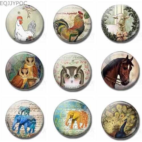 Cock Owl Sheep Elephant Peacock Horse Fridge Magnets for Kids 30MM Glass Round Magnetic Stickers Animal Decorative Refrigerator