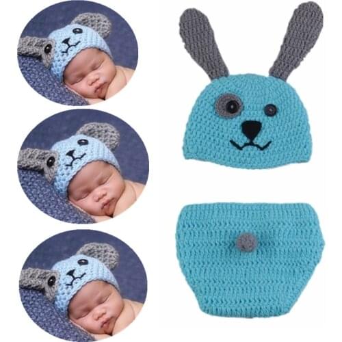 Cute Casual 0-6months Handmade Knitted Dog Shape Photo Props Cap And Diaper Cover Photography Costume