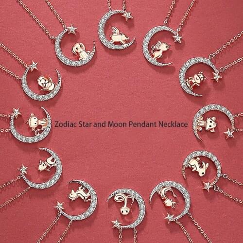 Chinese Zodiac Zodiac Zodiacal Year Fashion Genus Cow Monkey Pig Dog Horse Chicken Dragon Pig Star And Moon Pendant Necklace