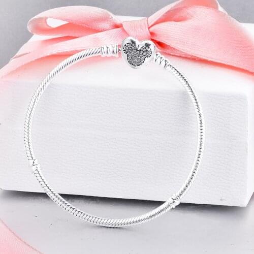 Moments Mouse Heart Clasp Snake Bracelet 100% 925 Sterling Silver Jewelry Fit Charm Beads DIY 2021 Valentines Day Gift B117