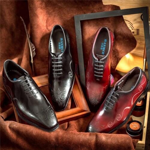 Phenkang Men Genuine Leather Shoes Mens Business Dress Suit Luxury Brand Quality Bullock Burgundy Laces Wedding Shoes 2020