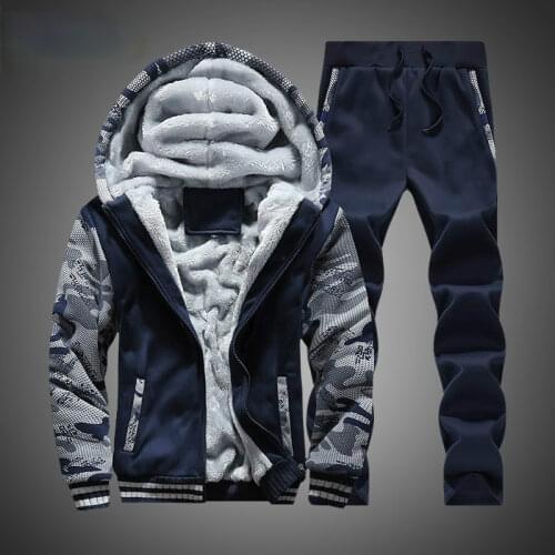 Tracksuit Men Winter Camouflage Hoodies Casual Hooded Warm Sweatshirts Thick Fleece 2PC Jacket+Pant Men Moleton Masculino M-4XL