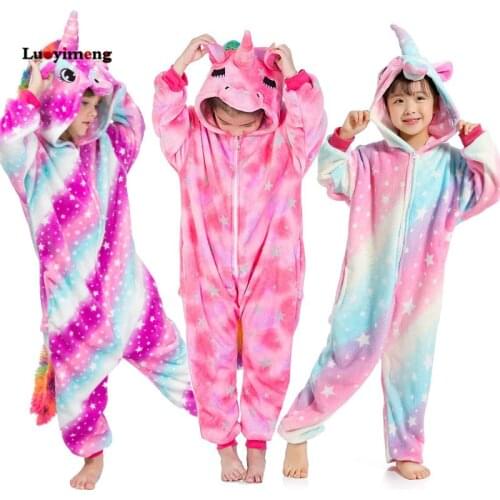 New Girls Unicorn Kigurumi Onesie Kids Pajama Animal Cartoon Rainbow Star Unicornio Sleepwear Child Hooded Halloween Party Suit