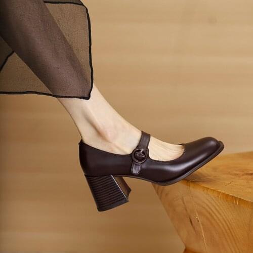 Osunlina Woman Pumps High Square Heels Round Toe Mary Janes Pumps Buckle Strap Black Brown Handmade Elegant Lady Shoes 2021 New
