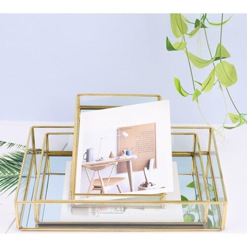 Nordic Retro Storage Tray Gold Rectangle Glass Makeup Organizer Tray Dessert Plate Make up Jewelry Display Home Kitchen Decor