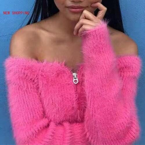 Furry Sweet Pink Female Sweaters Front Zip Off-Shoulder Horizontal Neck Slim-Fit Knit Top Retro Slim Sweaters Cardigan y2k goth