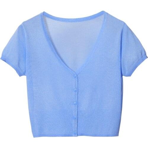 Size M-4XL Summer Women V-Neck Knitted Casual Thin Sweaters Cardigans Lady Short Sleeve Knitting Outwear for Female