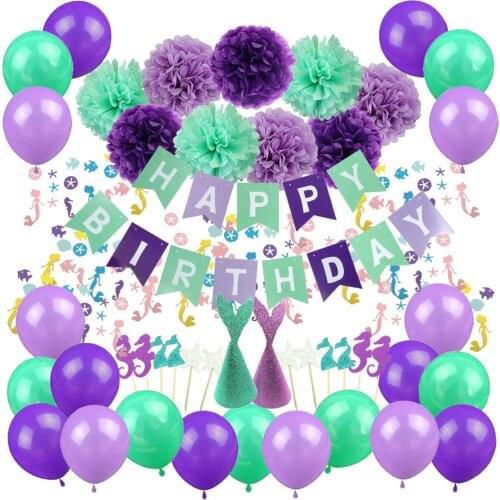 Little Mermaid party decoration ballons Pom Pom flowers cupcake topper party hat colorful Confetti 80pcs party decor
