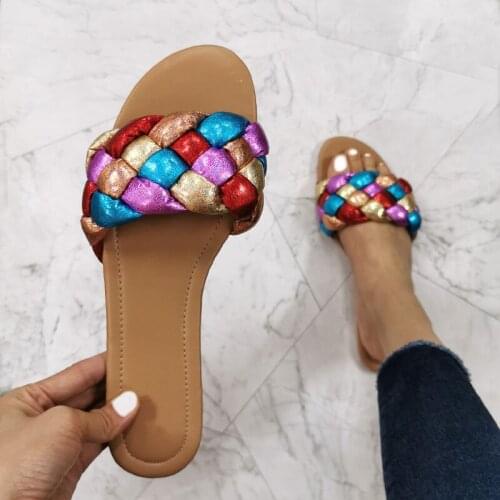 New Summer Womens Sandals Shoes Flat Woman Slides Outdoor Beach Party Shoes Color Weave Female Slippers Large Size 37-41