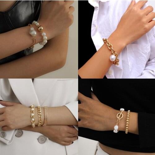 SOHOT Punk Bohemian Gold Beads Pearl Fashion Multilayer Beaded Chain Bracelets Bangles Set Female Charm Jewelry Drop Shipping