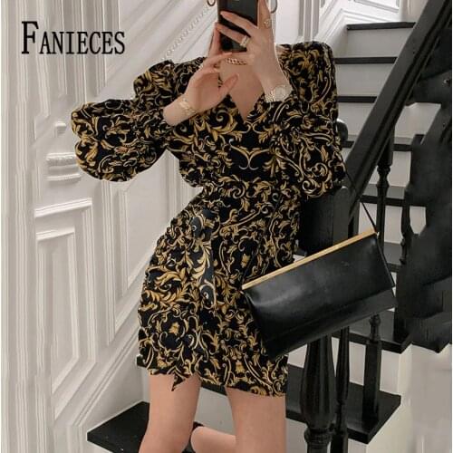 FANIECES Vintage Luxury Print Long Sleeve Mini Dresses Women Autumn Elegant V Neck Belt Lace Up Office Lady Dress Party Vestidos