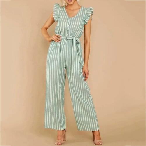Foridol Ruffle Sleeveless Summer Women Jumpsuit Green Wide Leg Striped Casual Playsuit Overalls Sash Beach Khaki Long Pants