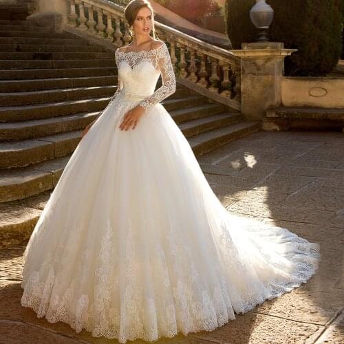 Gorgeous Long Sleeve Lace Wedding Dresses Off-shoulder Ball Gown Bridal Dress with Train Vestido de Novia Wedding Gown Plus Size