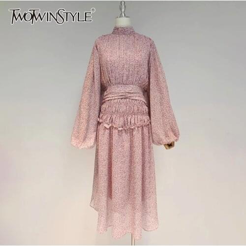 TWOTWINSTYLE Casual Slim Print Lace Up Dress Female Long Sleeve Gathered Waist Vintage Fashion Dresses For Women Autumn Style