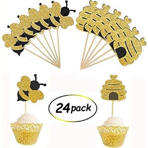 24Pcs Bumble Bee Cupcake Toppers Glitter Honeycomb Cake Topper Picks Baby Shower Gender Reveal Party Food Decoration Supplies