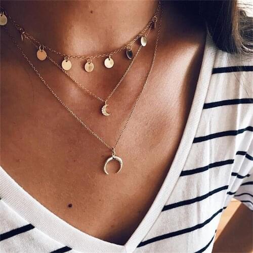 3 Pcs/Set Bohemian Women Necklace Moon Round Piece Pendant Chain Multilayer Gold Necklace Set Simple Girl Charm Jewelry