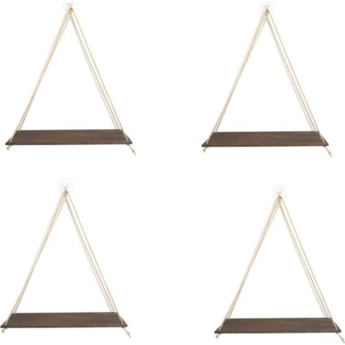 AT69 -Hanging Shelves, Set of 4 Wood Floating Wall Shelves Rustic Hanging Swing Rope Shelves for Bedrooms Living Room, Brown