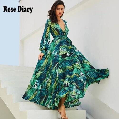 RoseDiary Bohemian Tropical Print Maxi Long Dress Vintage Women Summer Boho Dress with Sashes Tallas Grandes mujer Plus Size 3xl