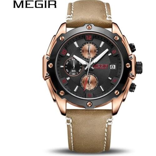 MEGIR Creative Sport Watch Men Relogio Masculino Fashion Chronograph Quartz Wrist Watches Clock Hour Leather Military Army Watch