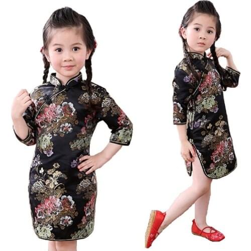 Black Baby Girl Dresses Peony Children Clothes Flower Girls Cheongsam Kids Party Festival Dress Chi-Pao Costumes Tribute Silk