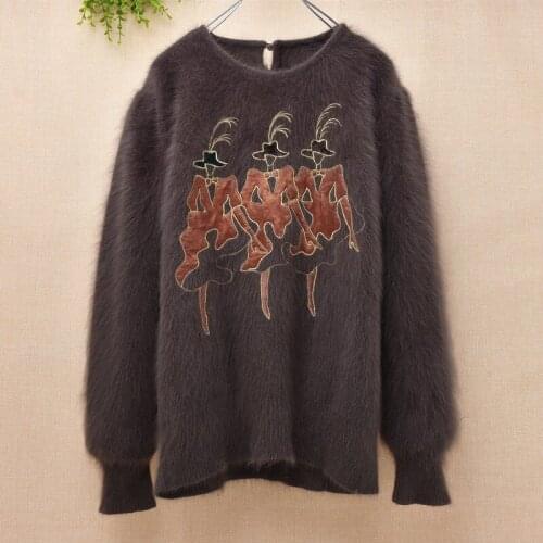 Elegant vintage female winter fuzzy hairy angora rabbit knitted wool appliques loose long sleeves mink cashmere pullover sweater