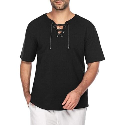 Mens t shirt Casual Summer Men Solid Color Short Sleeve Bandage Pocket Linen T-shirt Top 2020 Male shirt Men Clothing 3XL
