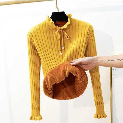 Harajuku Fashion Winter Plus Velvet Sweater Womens Warm Bottoming Shirt Bow Lotus Ruffle Thicken Warm Knitted Ladies Sweater
