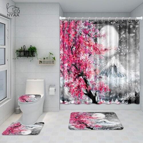 Mount Fuji Oil Painting Fabric Shower Curtains Cherry Blossoms Bathroom Curtain Anti-skid Rugs Toilet Lid Cover Bath Mat Set