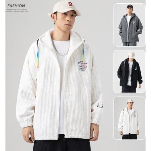Hawaifish brand mens jacket 2021 hooded trend spring autumn corduroy all-match windbreake long-sleeved loose top leisure coat