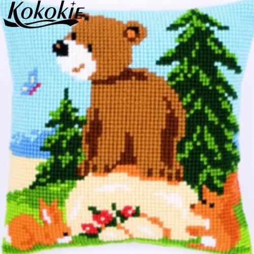 3d diy cushion embroidery yarn pillowcase cross stitch kits knitting needles kit embroider needlework kits bear throw pillow