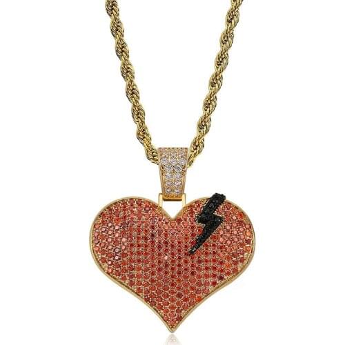 OMYFUN Factory Price Hiphip Heart Pendant Necklace Men Bling Jewelry Orange CZ Paved Broken Heart Pendants & Necklaces Bijoux
