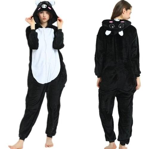 Adults Pajamas Women Flannel Sleepwear Unisex Cute Pig Cartoon Animal Pajama Set Hooded Pyjamas Kigurumi
