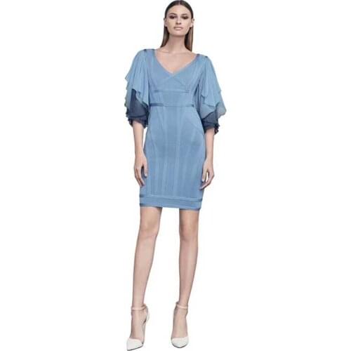 Wholesale new dress Black and gray V-neck Stretch knitting Tight sexy celebrity Cocktail party bandage Dress(H2573)