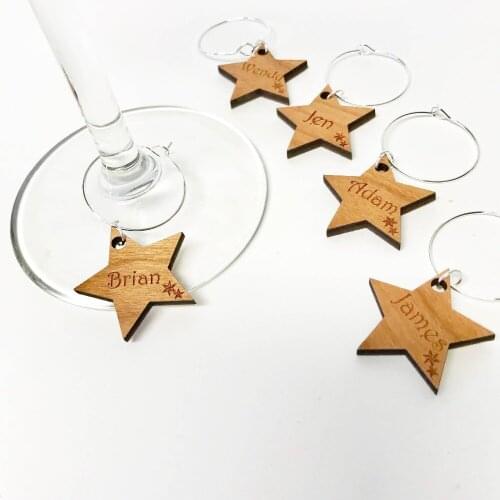 Wine Glass Charms, Name Place Settings, Wedding Favours Ideas, Glass Charms, Wooden Star Wine Glass Charms